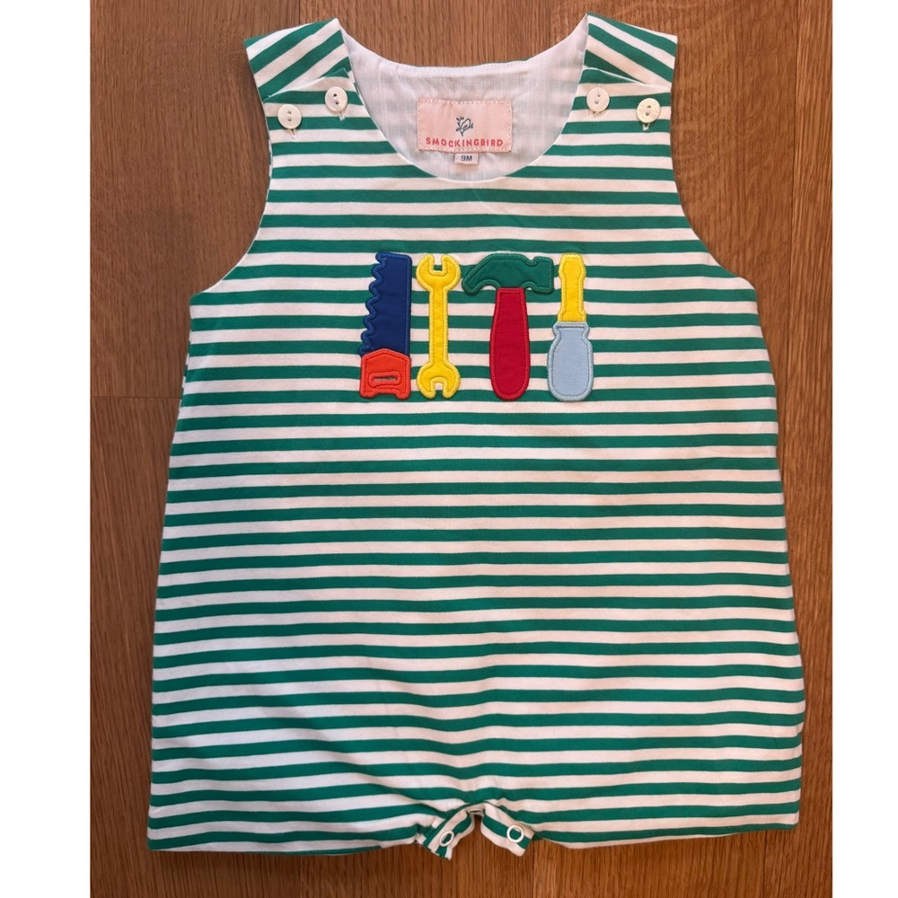 SMOCKINGBIRD Tools Appliqué Green Striped Shortall 9M